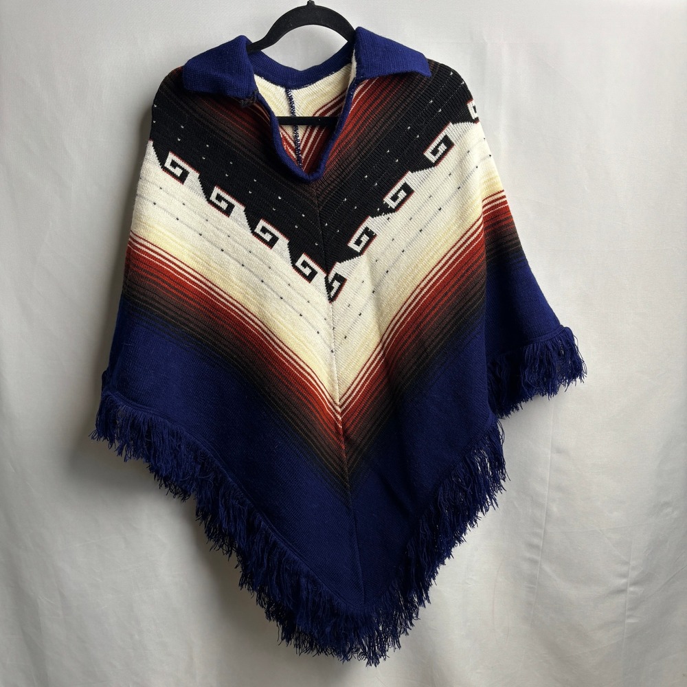 Vintage 70s Southwestern Geometric Knit Poncho Blue Red White Fringed Cape Shawl